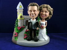 Bride and Groom At Castle In Classic Pose Bobblehead